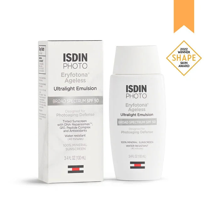 Isdin Photo Eryfotona Ageless, Ultralight Emulsion, Broad Spectrum SPF 50, Tinted Sunscreen with DNA Repairsomes, Peptide Q10, Peptide Complex and Antioxidants, Water Resistant, 100% Mineral Sunscreen, 3.4 FL OZ (100mll)