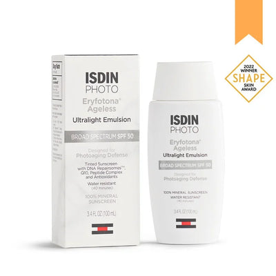 Isdin Photo Eryfotona Ageless, Ultralight Emulsion, Broad Spectrum SPF 50, Tinted Sunscreen with DNA Repairsomes, Peptide Q10, Peptide Complex and Antioxidants, Water Resistant, 100% Mineral Sunscreen, 3.4 FL OZ (100mll)