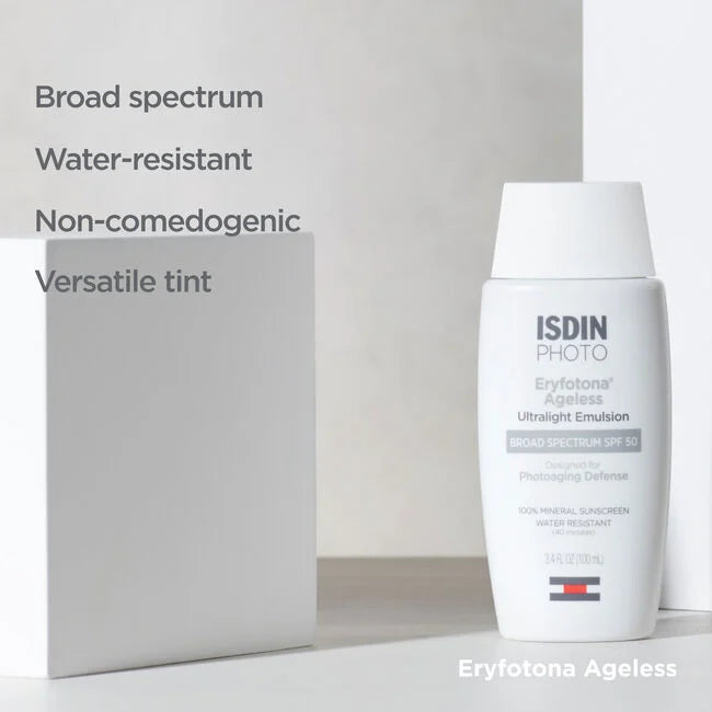 Isdin Photo Eryfotona Ageless, Ultralight Emulsion, Broad Spectrum SPF 50, Tinted Sunscreen with DNA Repairsomes, Peptide Q10, Peptide Complex and Antioxidants, Water Resistant, 100% Mineral Sunscreen, 3.4 FL OZ (100mll)