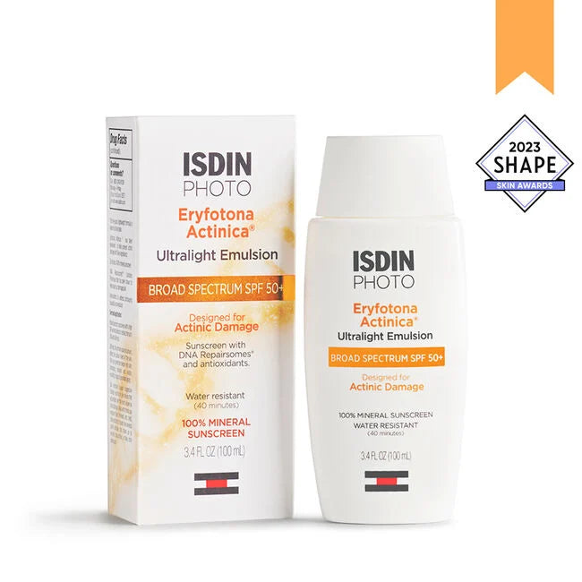 Isdin Photo Eryfotona Actinica, Ultralight Emulsion, Broad spectrum Sps 50+, Sunscreen with DNA Repairsomes and Antioxidants, Water Resistant, 100% Mineral Sunscreen, 3.4 FL OZ (100 ml)