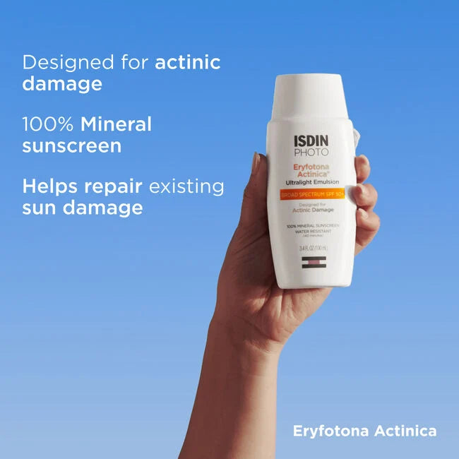 Isdin Photo Eryfotona Actinica, Ultralight Emulsion, Broad spectrum Sps 50+, Sunscreen with DNA Repairsomes and Antioxidants, Water Resistant, 100% Mineral Sunscreen, 3.4 FL OZ (100 ml)