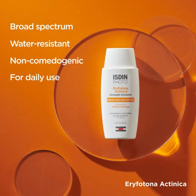 Isdin Photo Eryfotona Actinica, Ultralight Emulsion, Broad spectrum Sps 50+, Sunscreen with DNA Repairsomes and Antioxidants, Water Resistant, 100% Mineral Sunscreen, 3.4 FL OZ (100 ml)