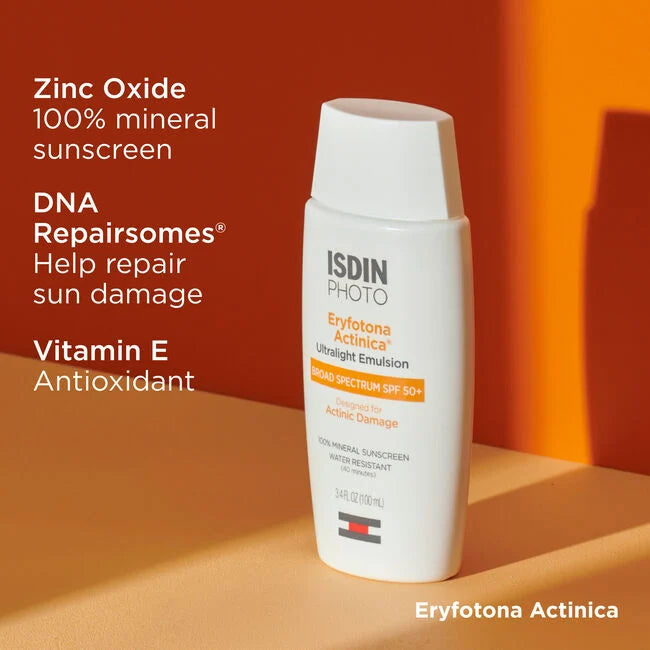 Isdin Photo Eryfotona Actinica, Ultralight Emulsion, Broad spectrum Sps 50+, Sunscreen with DNA Repairsomes and Antioxidants, Water Resistant, 100% Mineral Sunscreen, 3.4 FL OZ (100 ml)