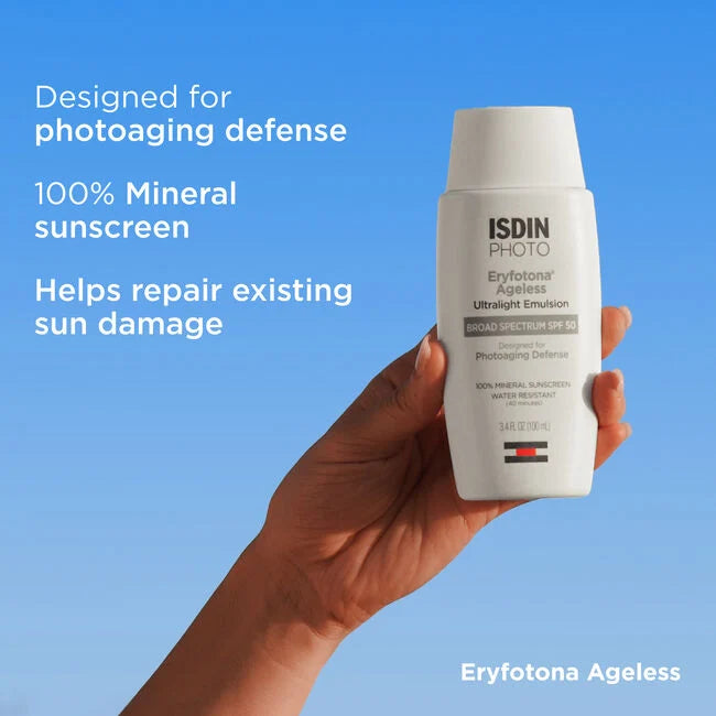Isdin Photo Eryfotona Ageless, Ultralight Emulsion, Broad Spectrum SPF 50, Tinted Sunscreen with DNA Repairsomes, Peptide Q10, Peptide Complex and Antioxidants, Water Resistant, 100% Mineral Sunscreen, 3.4 FL OZ (100mll)